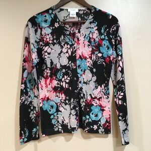 Kate Hill Dark Floral Merino Wool Cardigan Sweater Sz LP Cottage Preppy Office